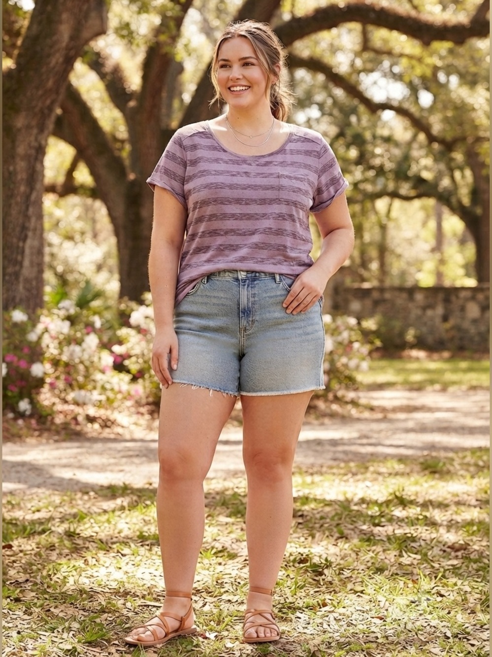 Natural Reflections Women's T-Shirt Pocket Purple Stripe Cotton/Poly Size 1X